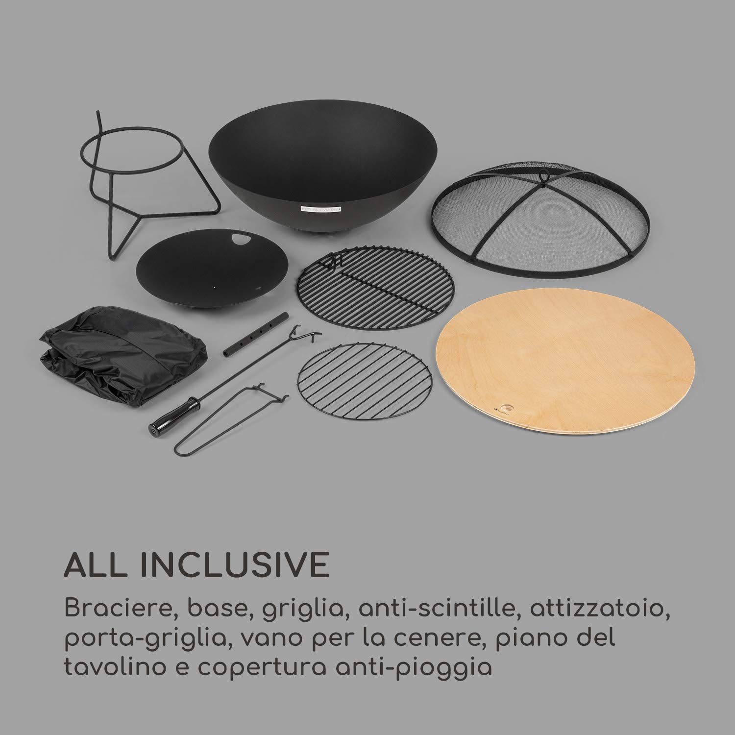 Blumfeldt Orbit - Braciere in Acciaio 3in1, Bracere, Griglia con 4 Regolazioni in Altezza: Ø 40 cm e Tavolino, Ø 60 cm, Braciere con Parascintille, Nero