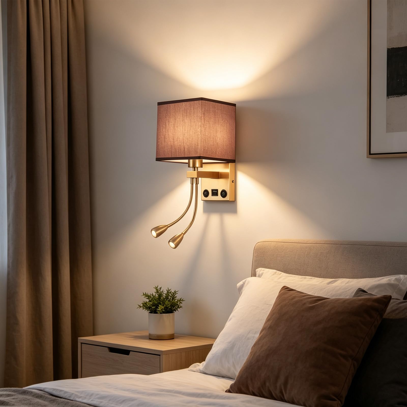 Interni Comodino Applique da Parete E27 con Interruttore Luce da Parete con USB Ricarica Porta Lampada da Parete Retro Tessuto Paralume (Lampadina non Inclusa) per Soggiorno (Marrone)
