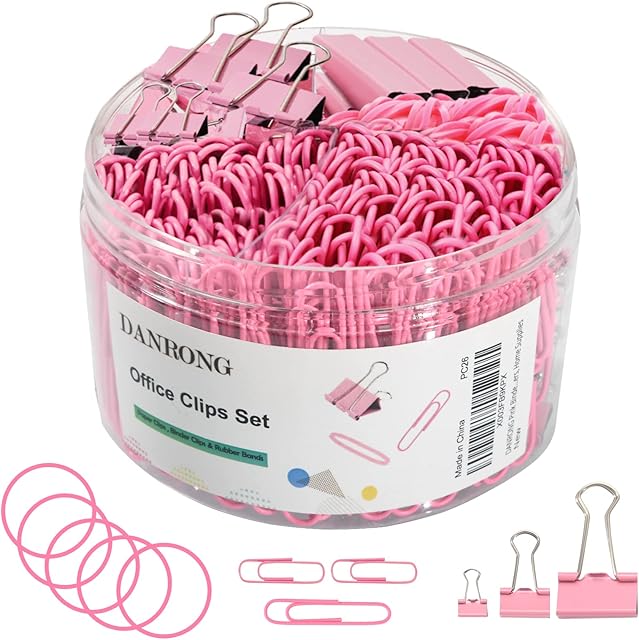 DANRONG Pink Binder Clips Paper Clips,380 PCS Assorted Sizes Paperclips Paper Clamps Rubber Bands for Files, Papers, Home Supplies