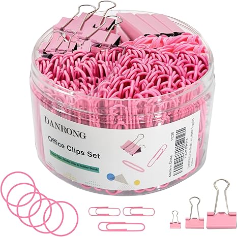 Pink Binder Clips Paper Clips,380 PCS Assorted Sizes Paperclips Paper Clamps Rubber Bands for Files, Papers, Home Supplies (Pink)