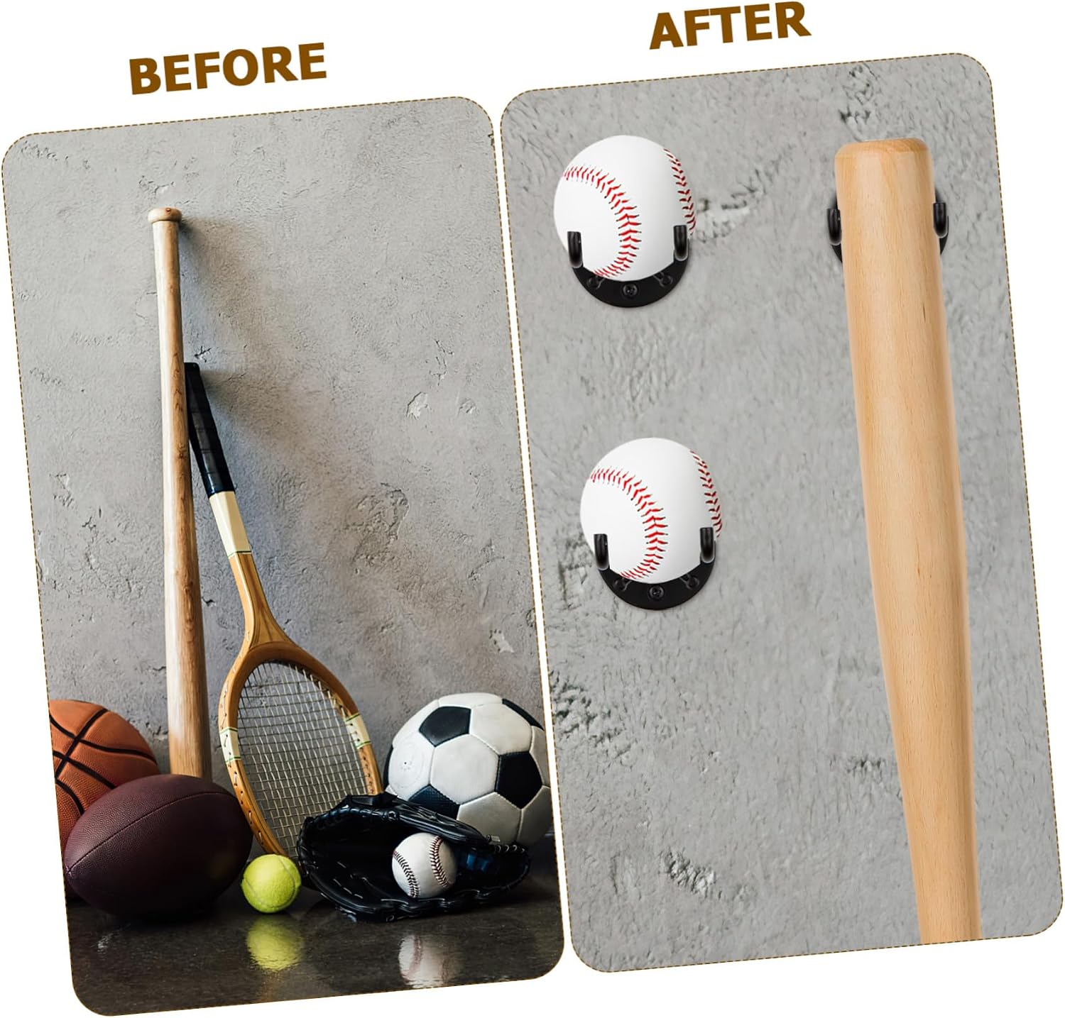 6 Pcs Wall Mounted Baseball Bat Holders Iron Racks Multipurpose Display Hangers for Baseball Softball Storage and Wall Space Organization