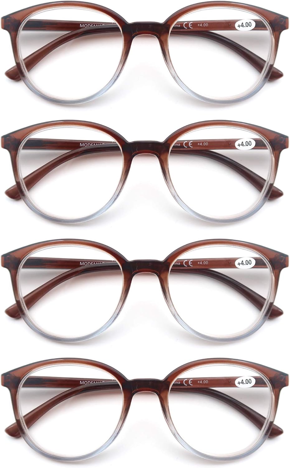 MODFANS 4-Pack Reading Glasses Fashion Printed for Men Women,Readers Glasses Round Frame Comfort Spring Hinges,Eyeglasses(4 Brown)