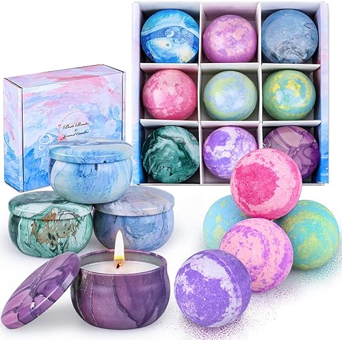 Juego de regalo de bombas de baño para mujeres, 5 colores grandes de burbujas con 4 velas perfumadas, spa efervescente para hidratar la piel, idea