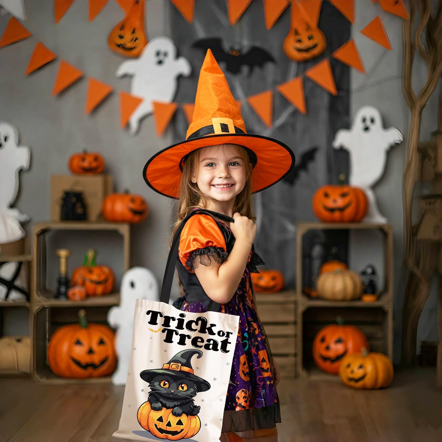 TYL&TYS Halloween Treat Bags, 3Pcs Trick or Treating Bags, Halloween Candy Canvas Tote Gift Bag, Reusable Grocery Boo Basket for Kids - Image 3