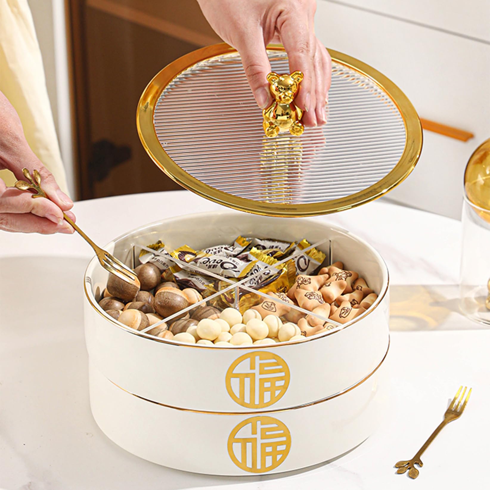Keramik Geteilte Servierschale Fruchtplatten, Snack -Servierschale Mit Deckel Geteiltes Süßigkeiten -Nuss -Servierbehälter Runde Vorspeise Getrocknete Obst Beige-1 Layer
