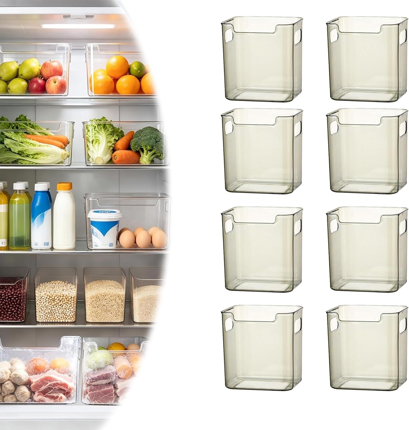 Crystal Clear Freezer Storage Bins, BPA-Free Clear Fridge Organizer Bins with Handles, Stackable Plastic Bins for Organization, Heavy-Duty Clear Storage Bins (Translucent Green, 8S)