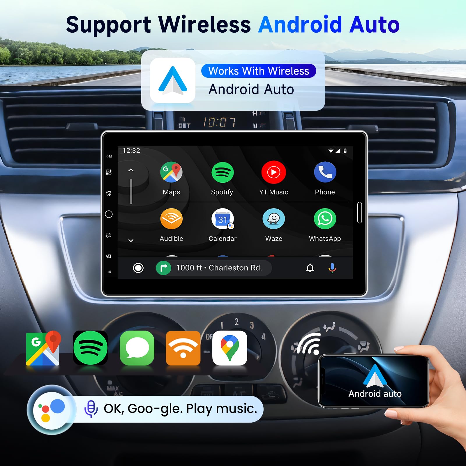 Radio de Coche 1 DIN Pantalla Táctil IPS 10,1" Giratoria Inalámbrica CarPlay Android Auto Bluetooth Am/FM/RDS Control Volante Ecualizador Mirror Link USB