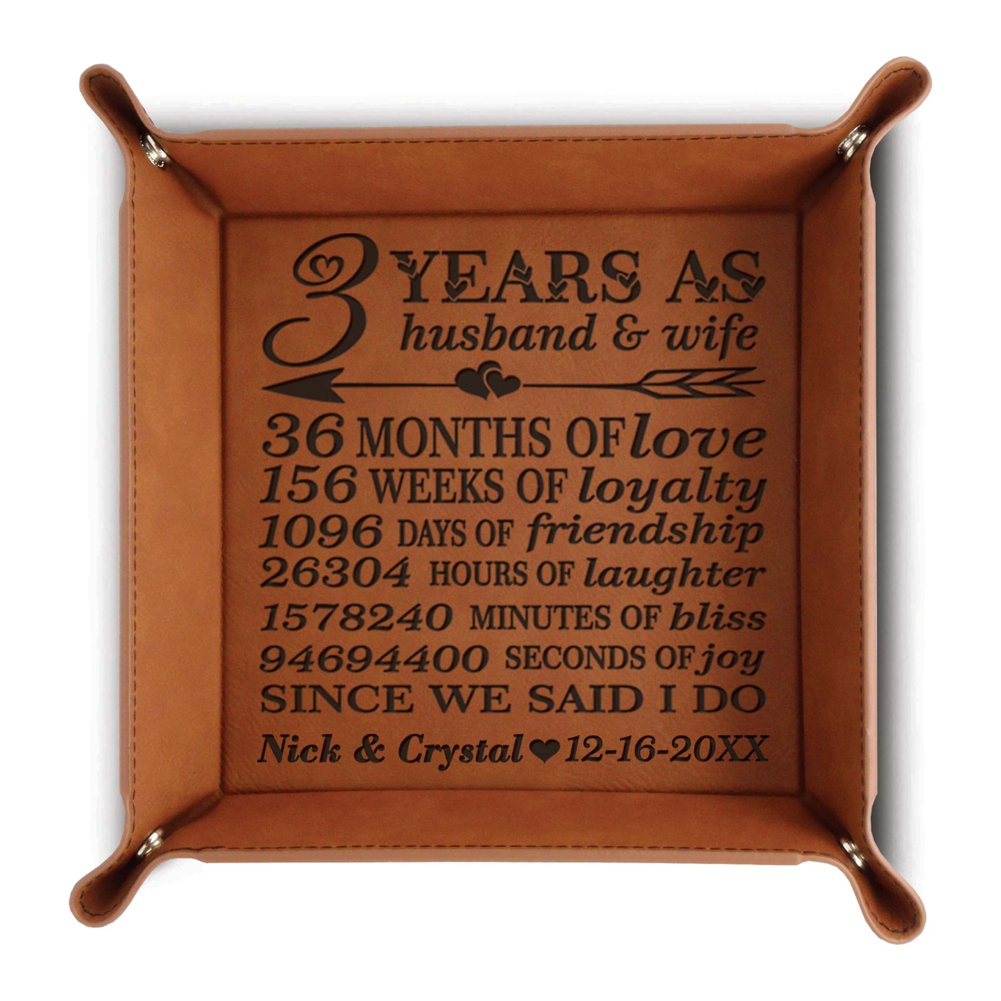 Bella Busta-Personalize 3 Years as Husband and Wife Theme-Traditional 3th Anniversary Keepsake -Engraved Leather Tray Valet (Rawhide)