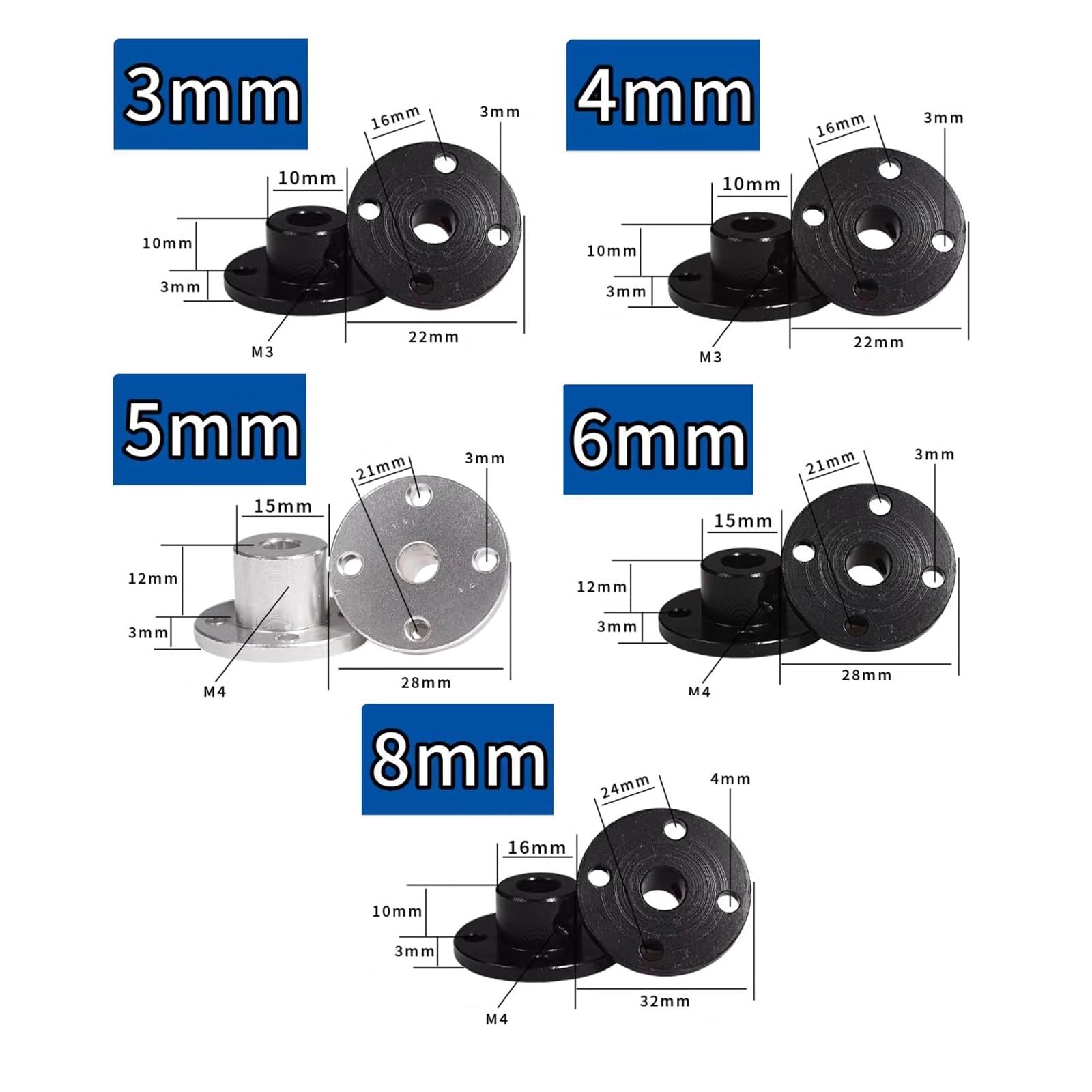 Acoplamiento de brida de aleación de aluminio de 3 mm/4 mm/5 mm/6 mm/8 mm para conector de soporte de eje guía del motor (4 mm (dorado), 1 unidad