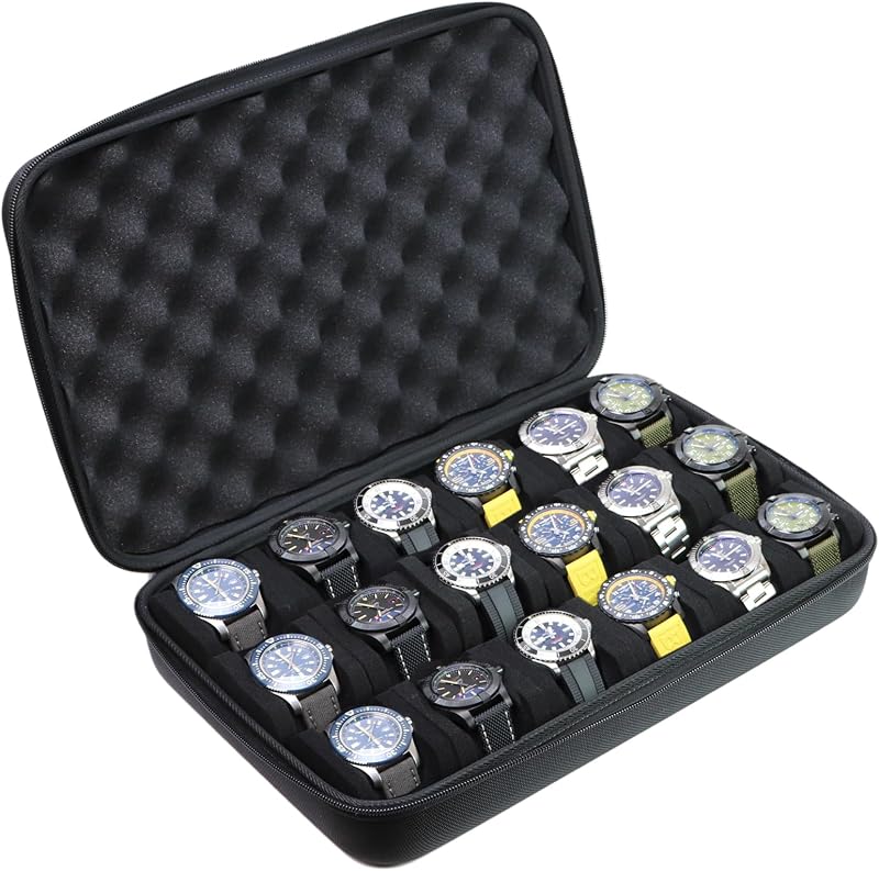 Juntan 18 Slots Hard Watch Travel Case, Portable Nylon Zipper Storage Organizer Box for Men Women with Soft Compressible Foam Pillow Black