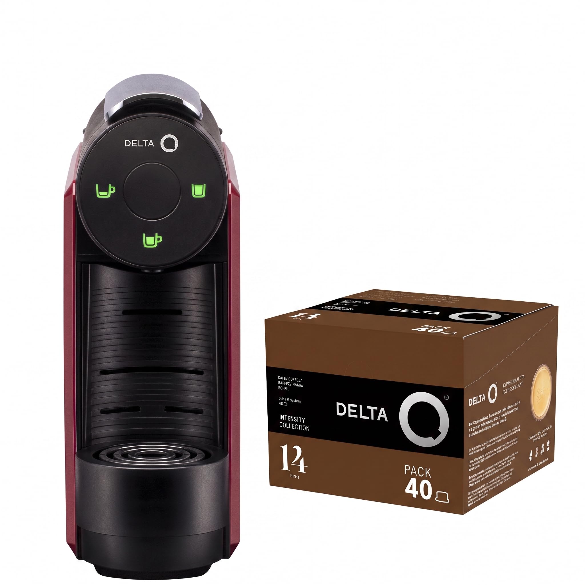 Delta Q - Pack Cafetera con Cápsulas - Mini Qool Roja - Para Cafés, Té y Bebidas Calientes - Sencilla y Práctica - Diseño Elegante - Incluye Pack XL Epiq 40 Cápsulas