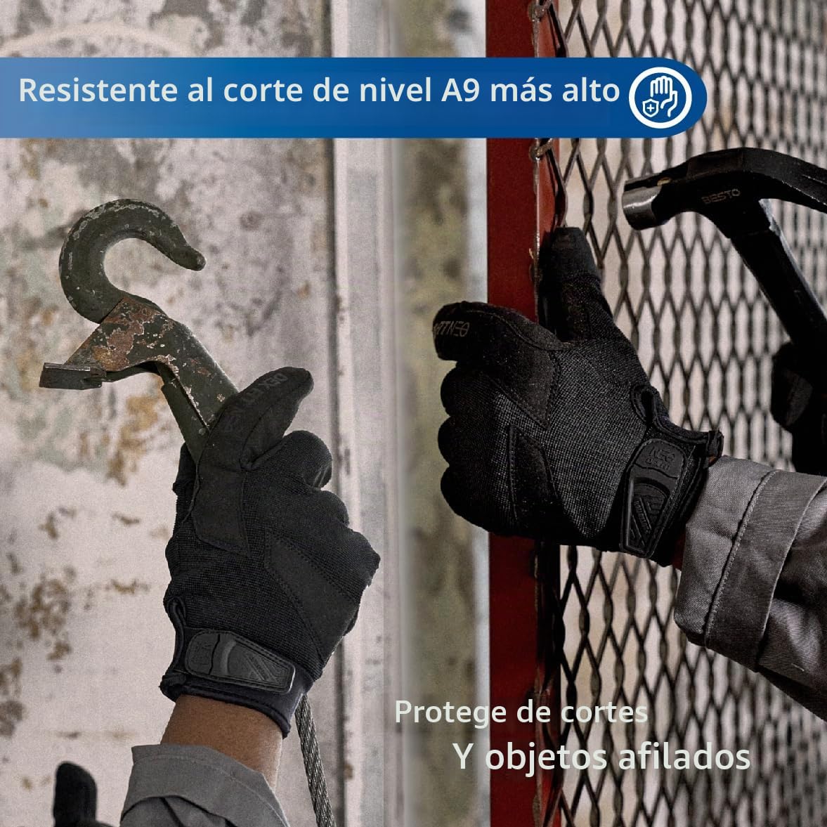 DEX FIT Guantes Resistentes a Punción y Agujas NPG420-3 Capas de Acero, Agarre Firme, Parche de Cuero PU, Pantalla Táctil, Cómodos y Duraderos para Trabajo y Airsoft; Black 9 (L) 1 Par