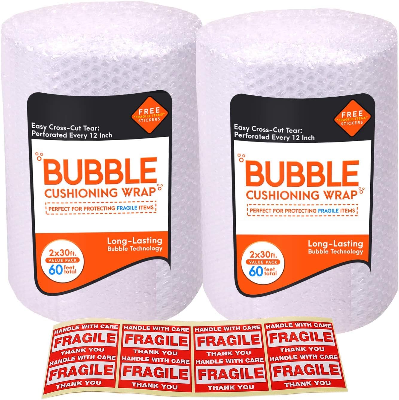 2-Pack Bubble Cushioning Wrap Rolls for Heavy-Duty Packing (3/16", 12" x 60 ft Total), Easy-to-Tear 12" Sheets, Plus Free 'Fragile, Handle with Car