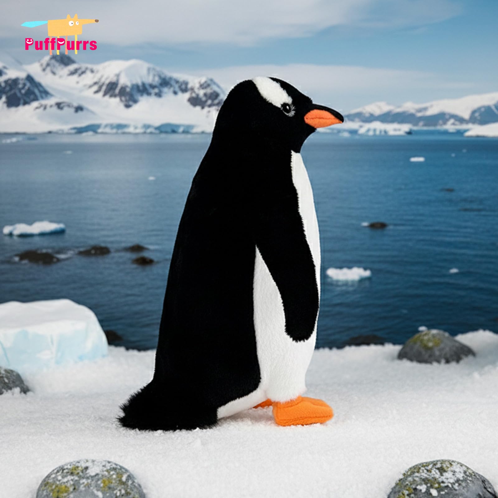 PuffPurrs Lifelike Gentoo Penguin Toy, Realistic White Crown Teddy Stuffed Animal, Cute Long-Tailed Penguin Pillow Toy Gift - Image 3