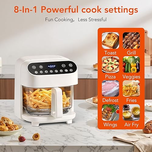 Miniatura 6 de WAA Freidora de aire de vidrio de borosilicato alto 8 en 1, asar, recalentar, deshidratar, papas fritas, sin PFSA, sin recubrimiento y no tóxico,