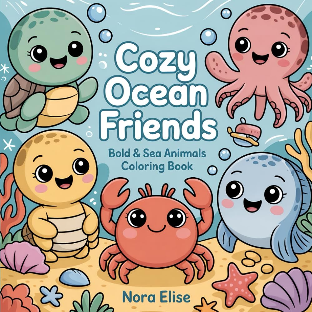 Cozy Ocean Friends Coloring Book: Cute & Easy Sea Animal Designs for Kids, Teens and Adults | Simple Bold Pages for Relaxation and Stress Relief