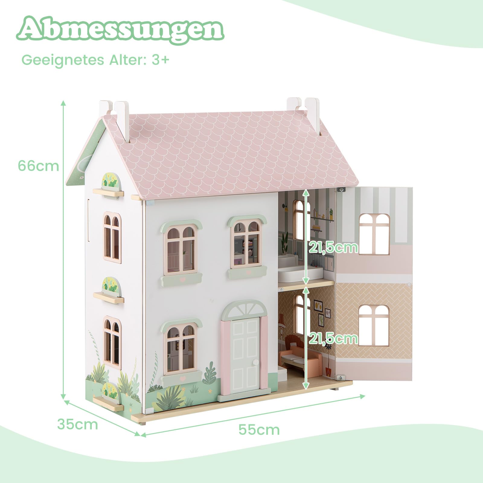 GOPLUS Holzpuppenhaus, 3-stöckiges Puppenhaus mit Möbeln und Zubehör, Puppenhaus für Kleinkinder mit doppelseitigen Dächern, öffnenden Türen, Holzleitern, Kinder ab 3 Jahren