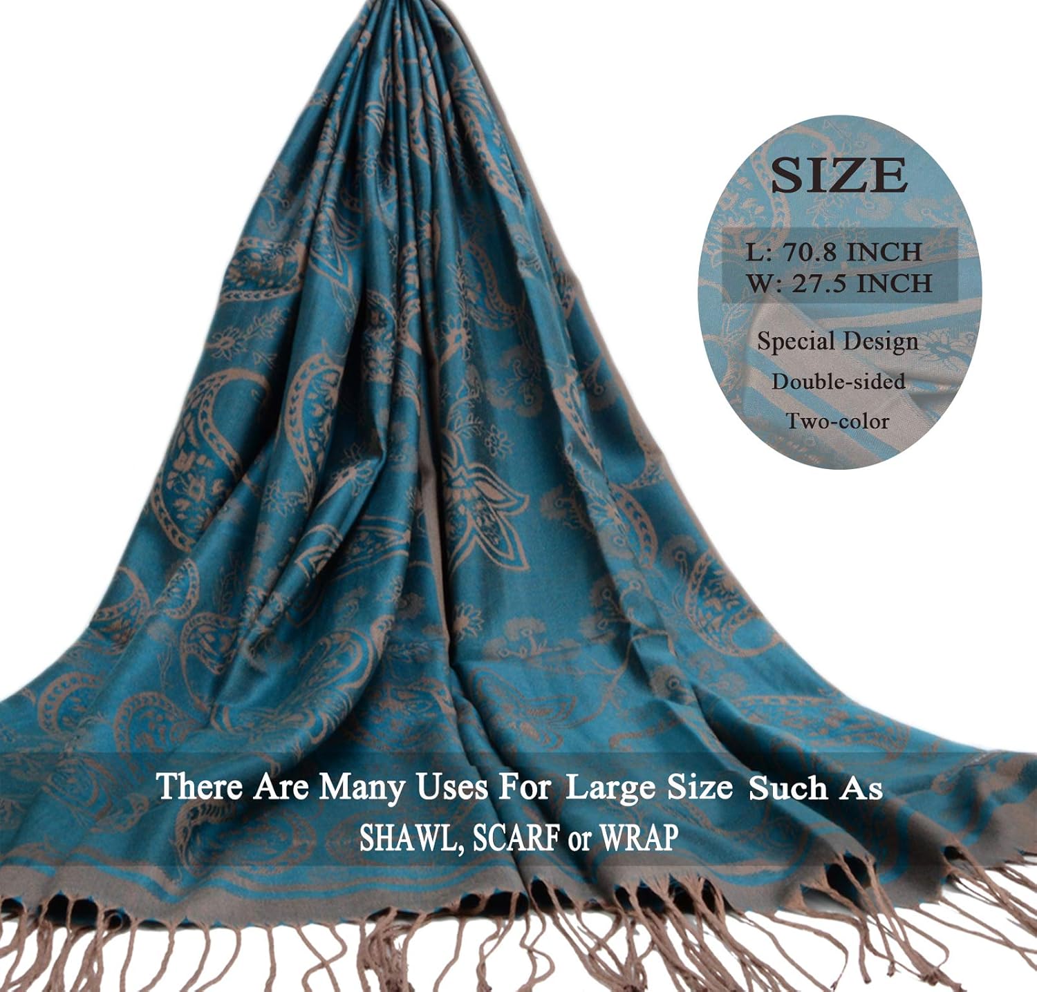 Women's Pashmina Shawl and Wrap Two Tone Ethnic Paisley Pattern Scarf 70.8'X27.5' - Image 2