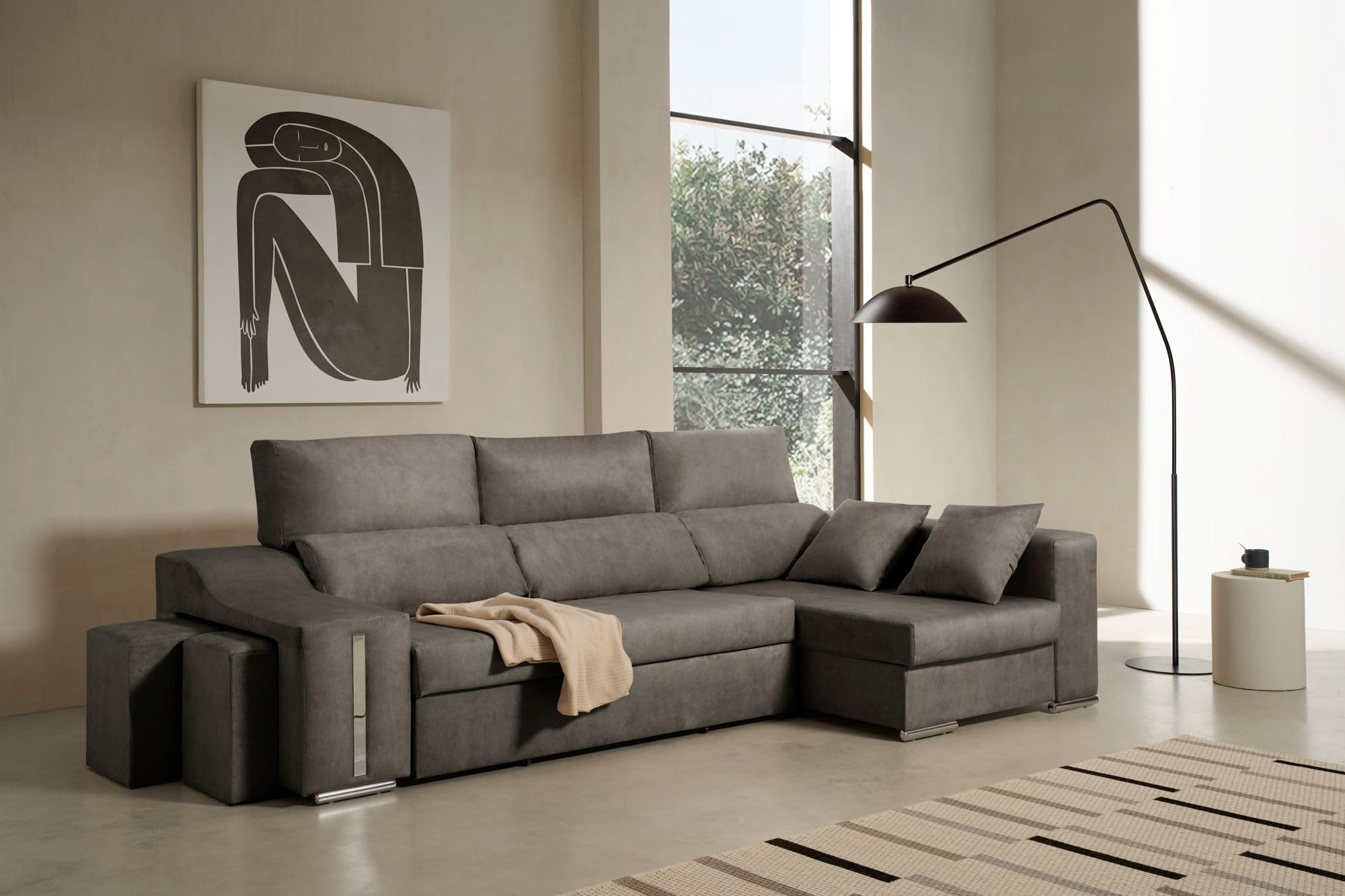 Sofa Chaise Longue Cama con Arcón y Puff Giuliana Gris Oscuro Derecha