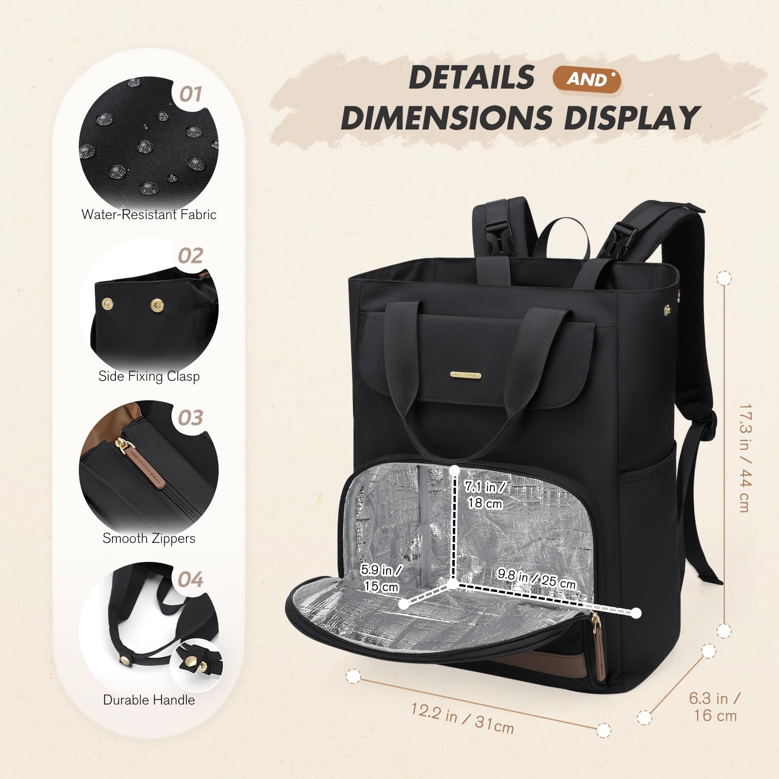 GOLF SUPAGS 25L Sac a Langer Bebe avec Matelas à Langer Portable et Sangles pour Poussette, Sac a Dos Isotherme, Sac à Dos à Langer Maternité, pour Maman ou Papa (Noir)
