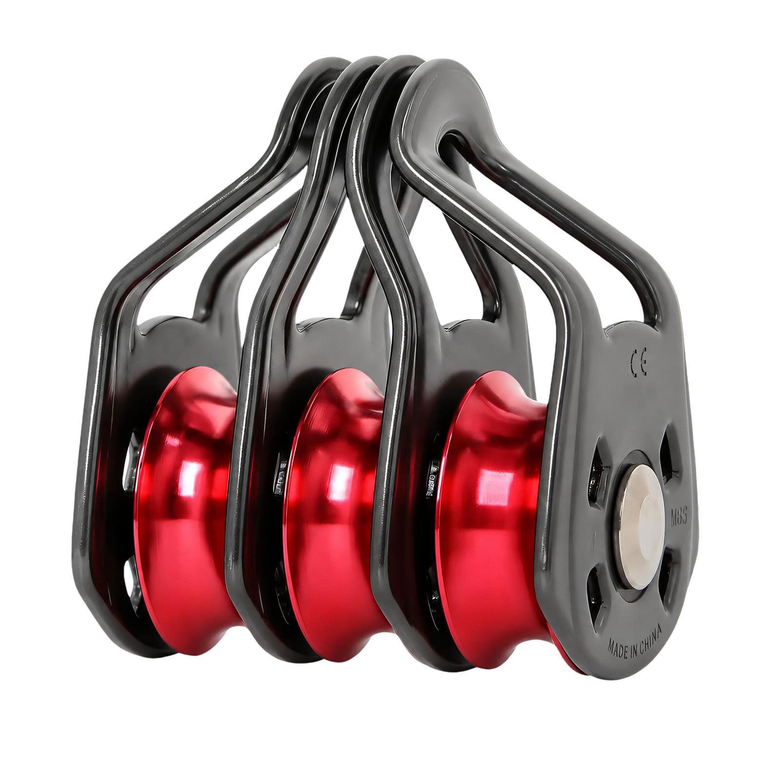 Polea de tres poleas para elevación y transporte, color rojo y gris