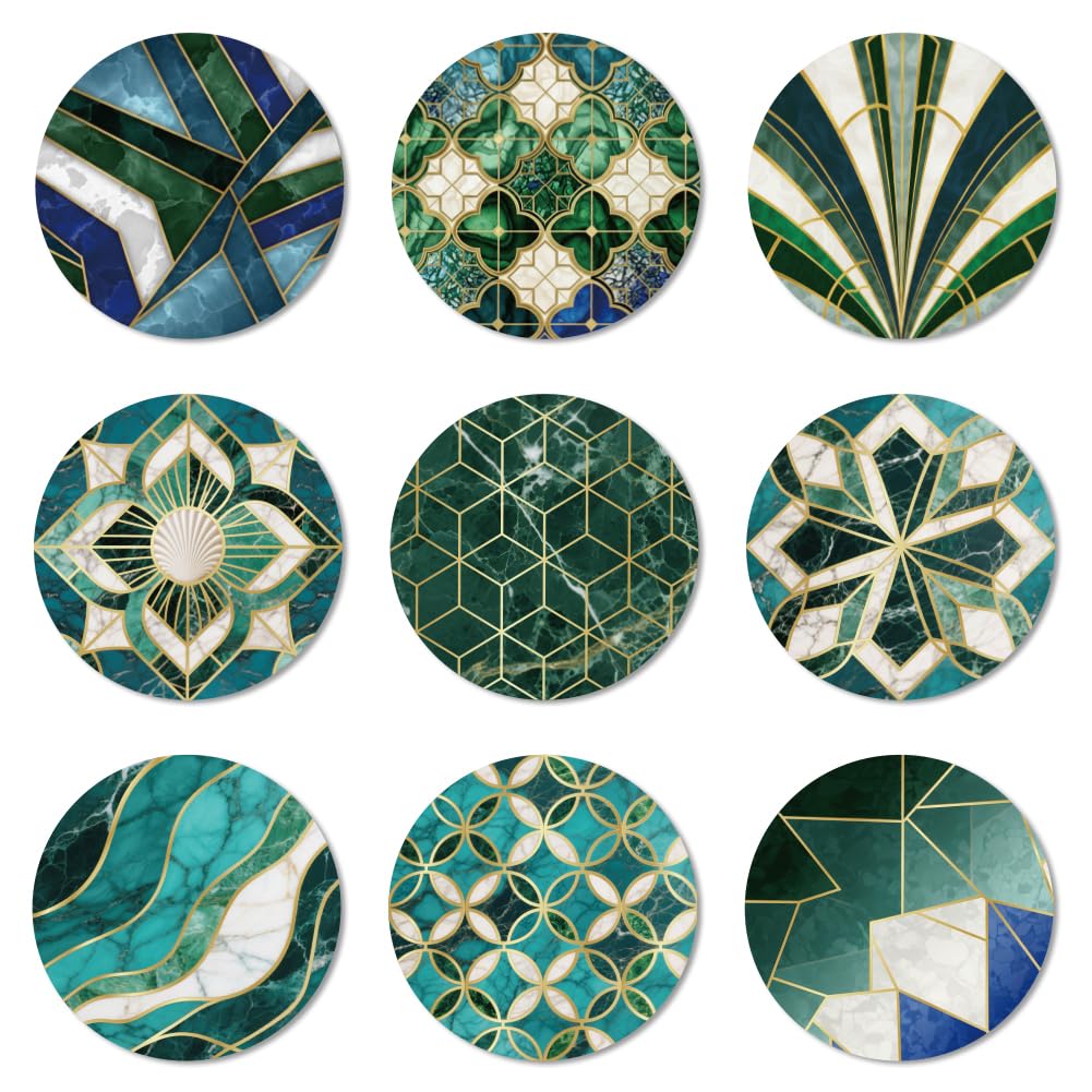 ANATTASOUL Wood Coasters Set of 9 for Drinks Green Floral with Gold Edge Pattern Colorful Wooden Cup Mat for Coffee Table Decor, 3.9" Non-Slip Desk Coasters for Home, Apartment, Office, Bar Gifts