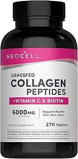 NeoCell Super Collagen Peptides + ویتامین C و بیوتین، 3 گرم کلاژن در هر وعده، بدون گلوتن، تقویت موهای سالم، پوست زیبا و پشتیبانی از ناخن، مکمل غذایی، 270 قرص