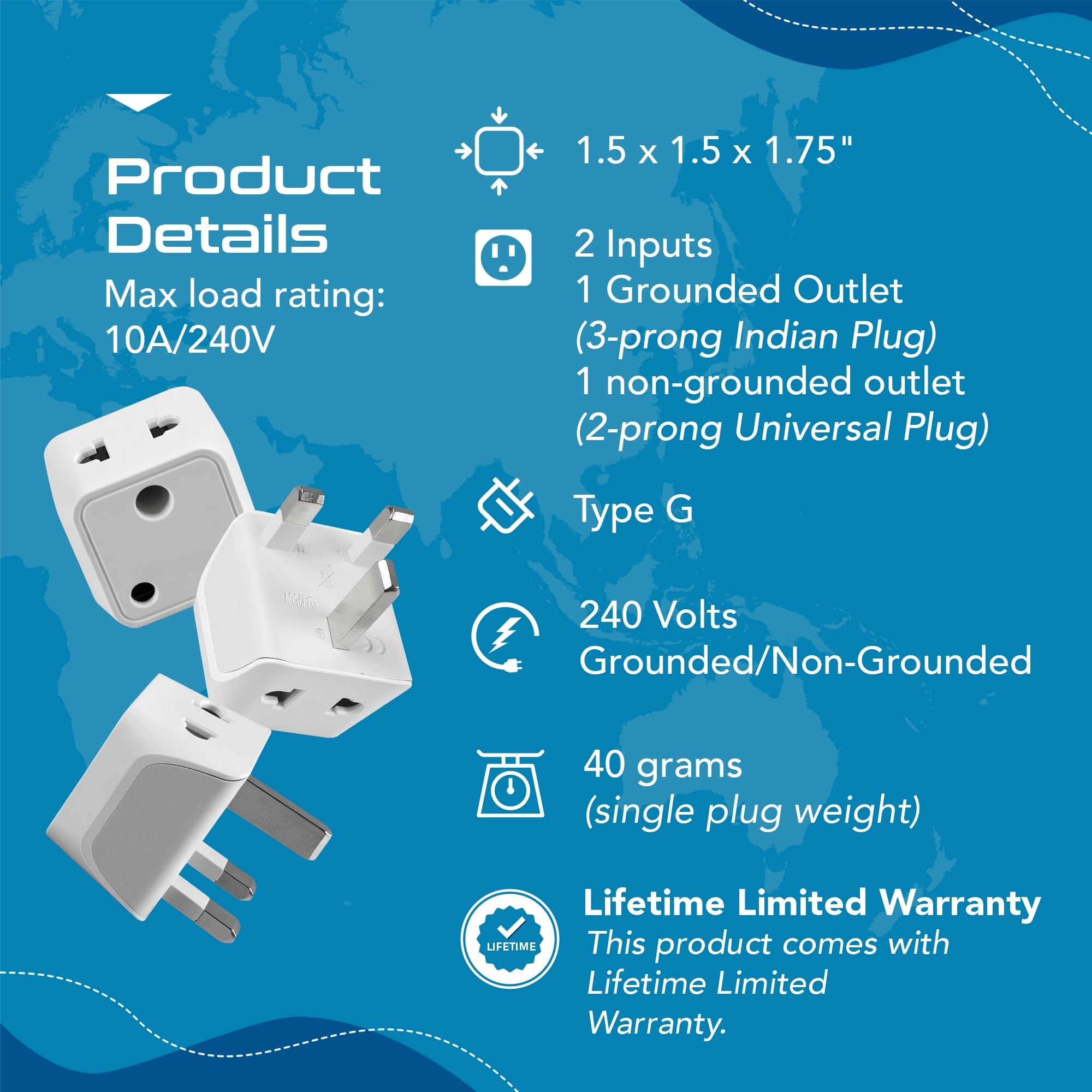 Ceptics UK Adapters for Indian Pins, Type G Plug Adapter with Dual Inputs, India to UAE Adapter, Ireland Plug - 2 in 1 UK Adapter for Laptops, Phones, Chargers - CE - RoHS, 3 Pack — Amazon image 3
