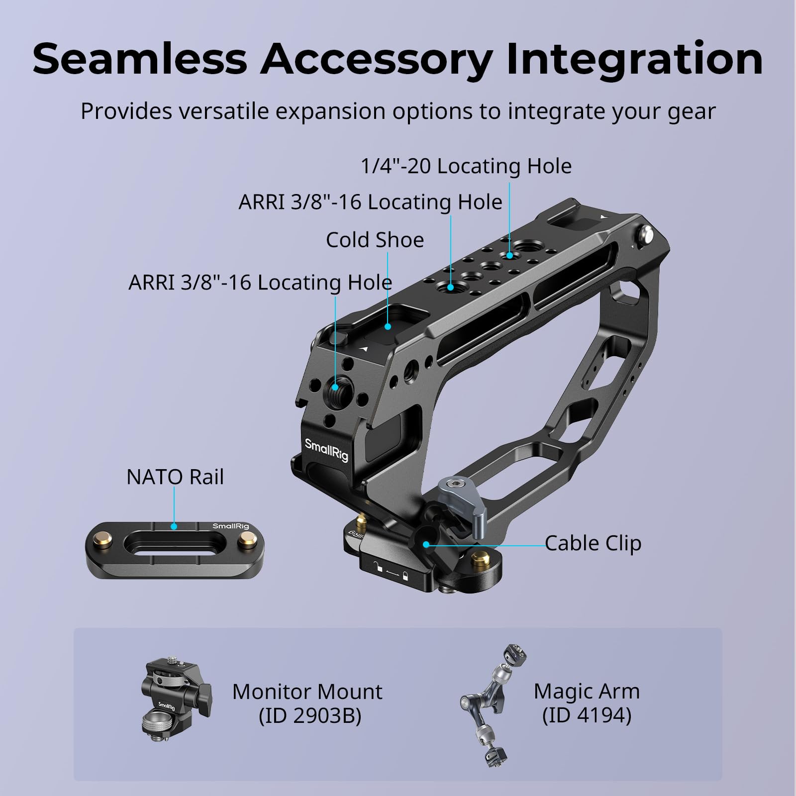 SMALLRIG Lichtgewicht NATO Top Handle met NATO Rail, Comfortabele Ergonomische Handgreep met Quick Release NATO Klem, Built-in 5 Cold Shoe Mounts, 12 Threaded Holes, ONLY 144g, voor Camera Cage - 4345