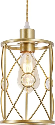 Lámpara colgante industrial de granja, mini iluminación colgante de jaula en acabado dorado con cristal, lámpara colgante de longitud ajustable para