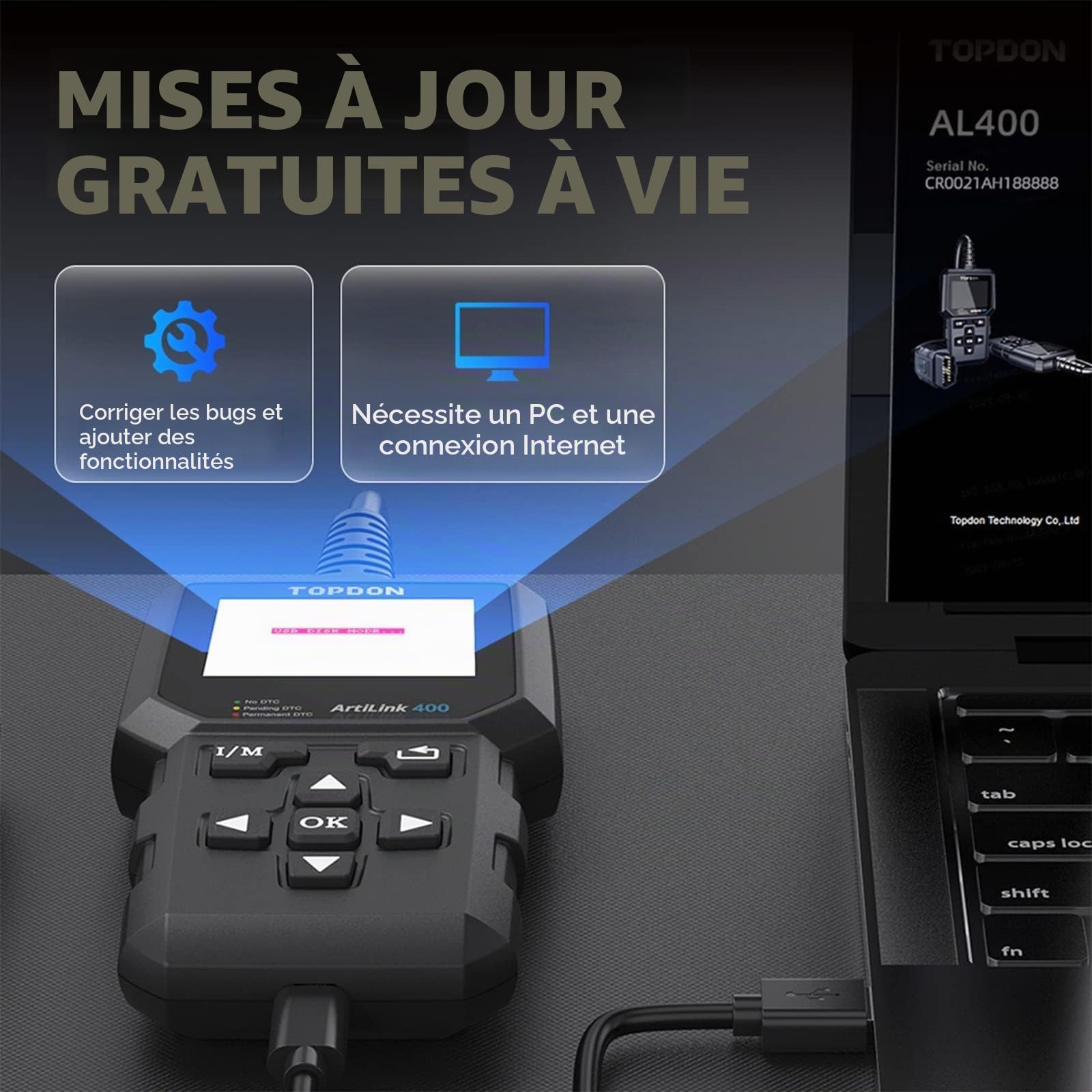 TOPDON AL400 Lecteur de Codes OBD2, 10 Fonctions OBD2, Vérification du Voyant Moteur/Test d'émissions polluantes/Test du capteur O2 / EVAP, Mise à Jour Gratuite à Vie