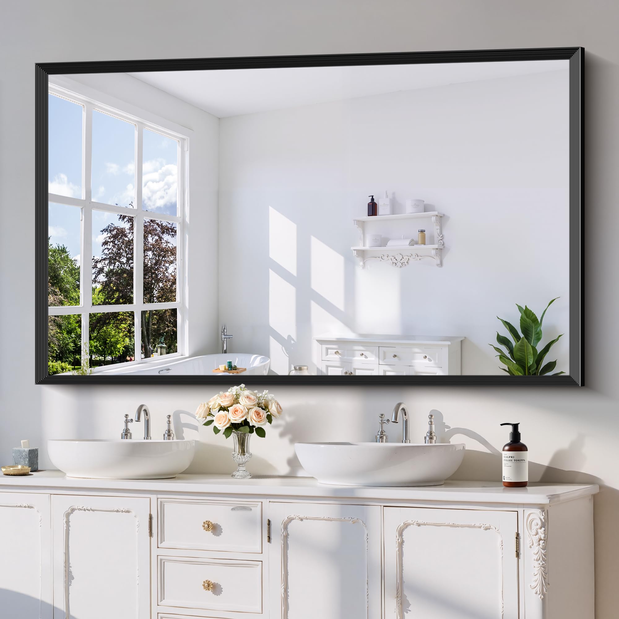Black Bathroom Mirror 36 x 60 Inch Rectangle Wave Beveled Frame for Wall Bathroom Vanity Mirror for Over