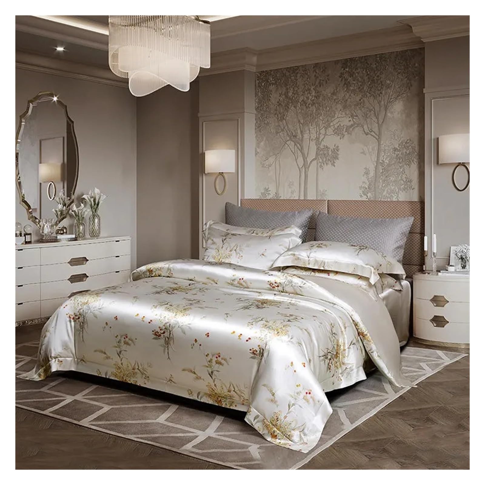 Sbcgfy A Duvet Cover Sets, Silk Duvet Cover Mulberry Silk Looks Beautiful Ultr Soft Silky Comfy King 4Pcs 1 Duvet Cover 1 Bed Sheet 2 Pillowcases,-King Size 220X240cm 4Pcs