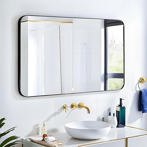 Miniatura 3 de Espejo rectangular de 24 x 16 pulgadas montado en la pared, marco de metal de aleación de aluminio, cristal HD, maquillaje para baño, entrada,