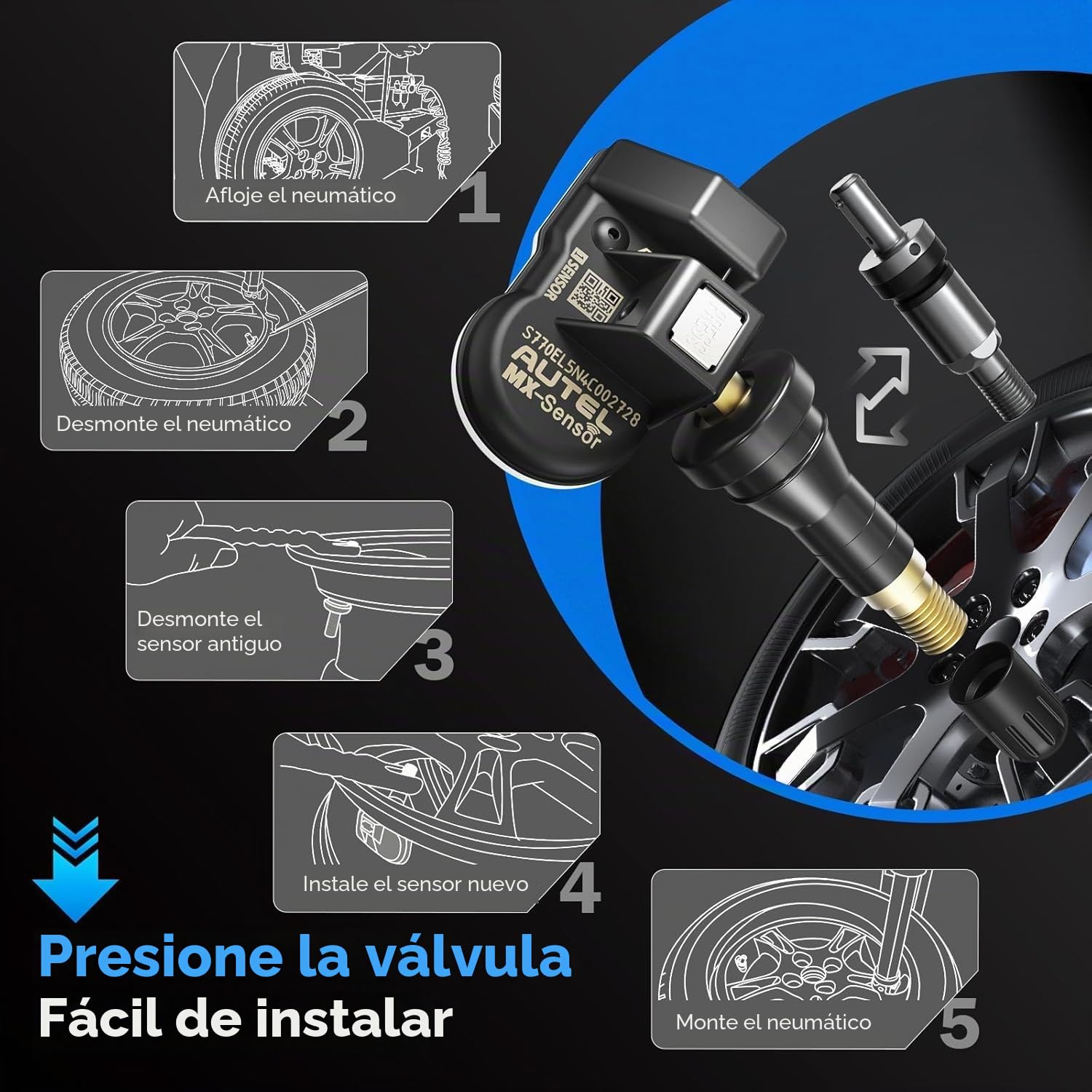 Autel TPMS MX-Sensor Doble Frecuencia, Sensores TPMS de Nivel OE para 99% Autos, Sensor Neumáticos 100% Programable, Funciona con TS408S TS501Pro TS508WF TS601 TPMS Herramienta (Válvula de Goma, 4PCS)