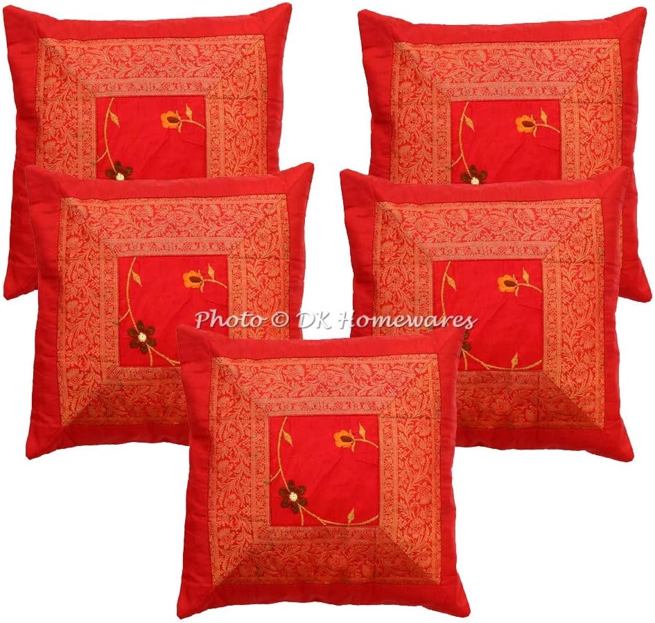Indian Decorative Sofa Throw Pillowcases 16 Inch Polydupion Embroidered Brocade Floral Bohemian Square Couch Cushion Covers (Size - 40x40 cm ; Color: Red) - Set of 5 Pcs (Cover Only)