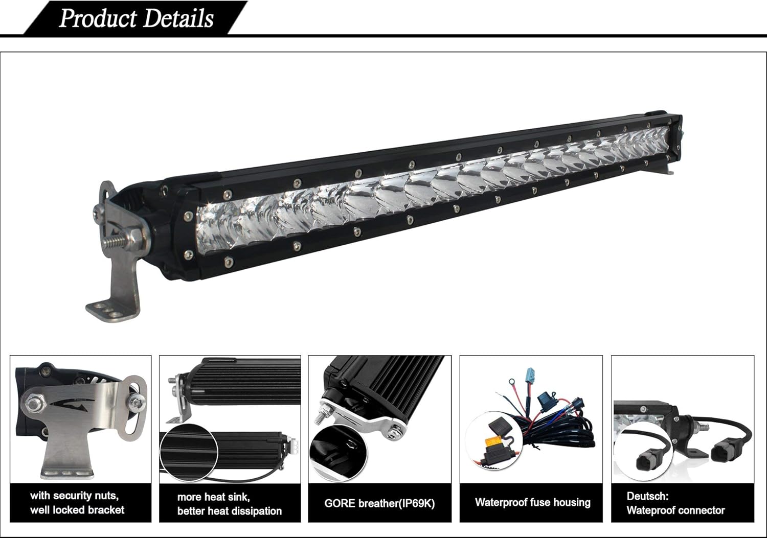 Detailed view of Aurora S1 light bar components including heat sink, GORE breather, waterproof fuse housing, Deutsch connector, and security bracket.