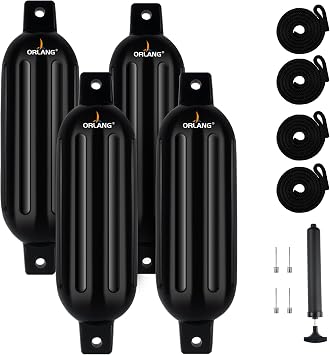 ORLANG 4.5in/5.5in/6.5in/8.5in/10in Boat Fenders, Boat Bumpers for Docking 4 Pack, Inflatable Ribbed Twin Eyes Vinyl Boat Bumpers Fenders with Air Pump,Ropes,Needles