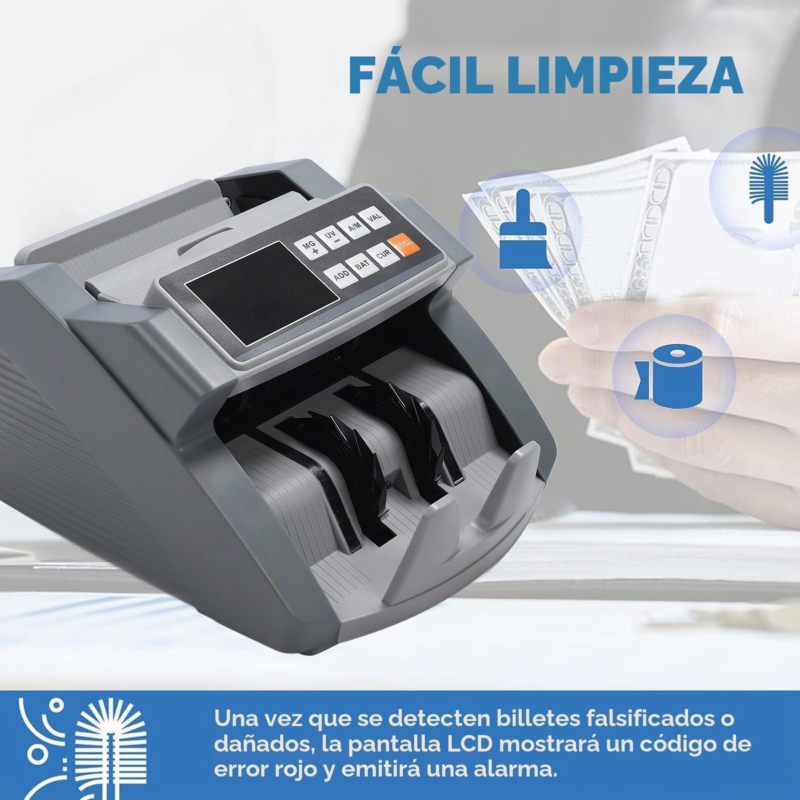 Contador de Billetes, Contador de Dinero con Recuento de Valor Falsificados MG/UG/IR, Pantalla LCD Dólar Euro CHN Modos de Adición y Lote Contador de Efectivo (Enchufe europeo)