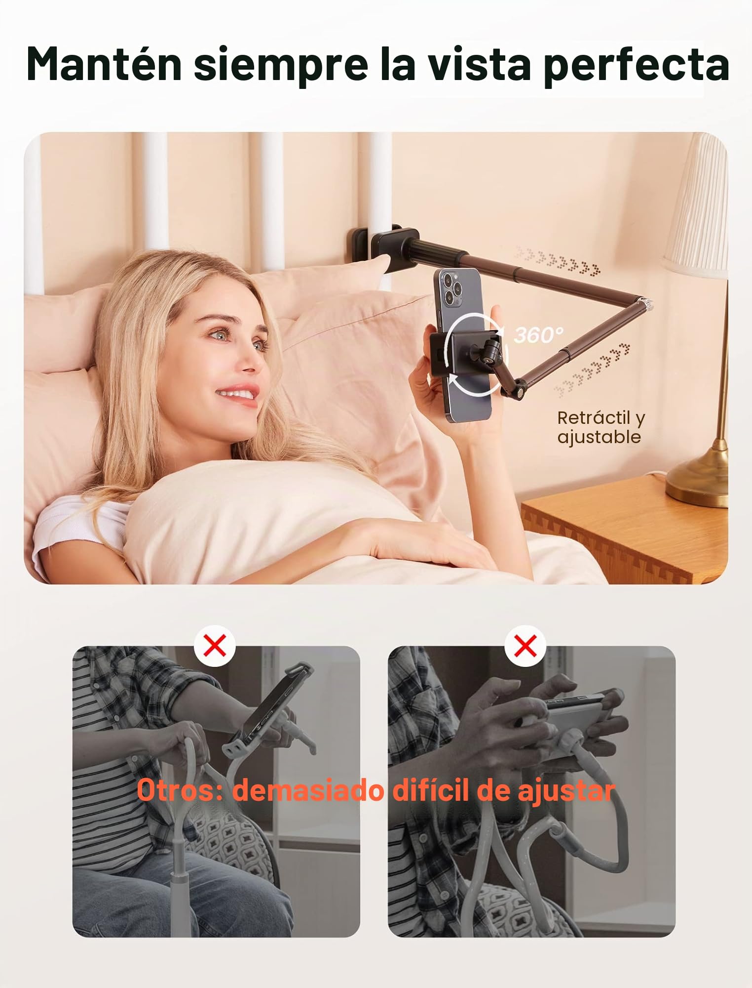 JSAUX Soporte para teléfono para Cama y Escritorio, Clip Universal Ajustable para teléfono para Marco de Cama de Escritorio Compatible con iPhone 14 Pro MAX Plus Mini iPhone 13 12 11 X Samsung -Negro