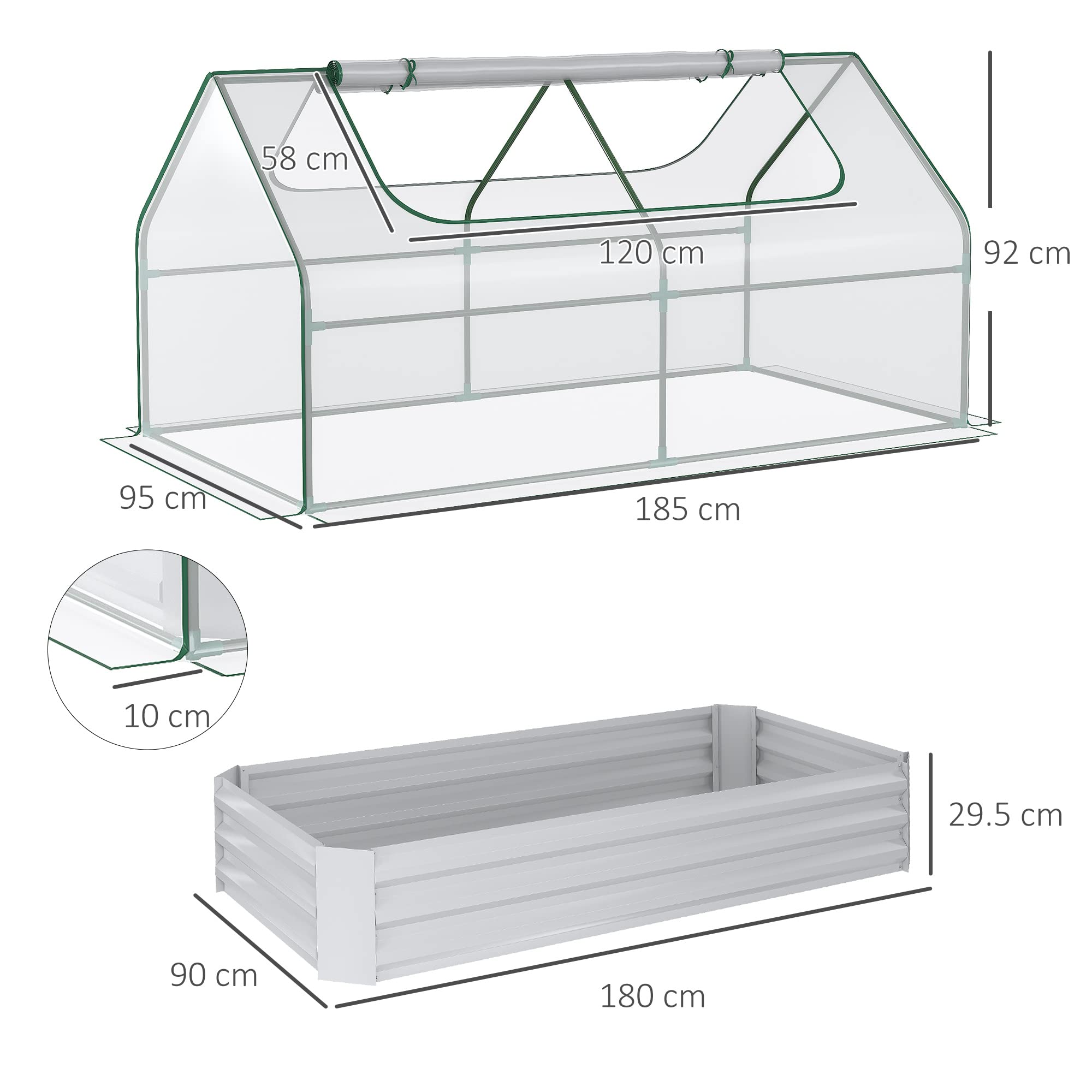 Outsunny Cama elevada de jardín con Invernadero, Maceta de Acero con Cubierta de plástico, Ventana Enrollable, Doble Uso para Flores, Verduras, Frutas y Hierbas, 185 x 95 x 92 cm, Transparente