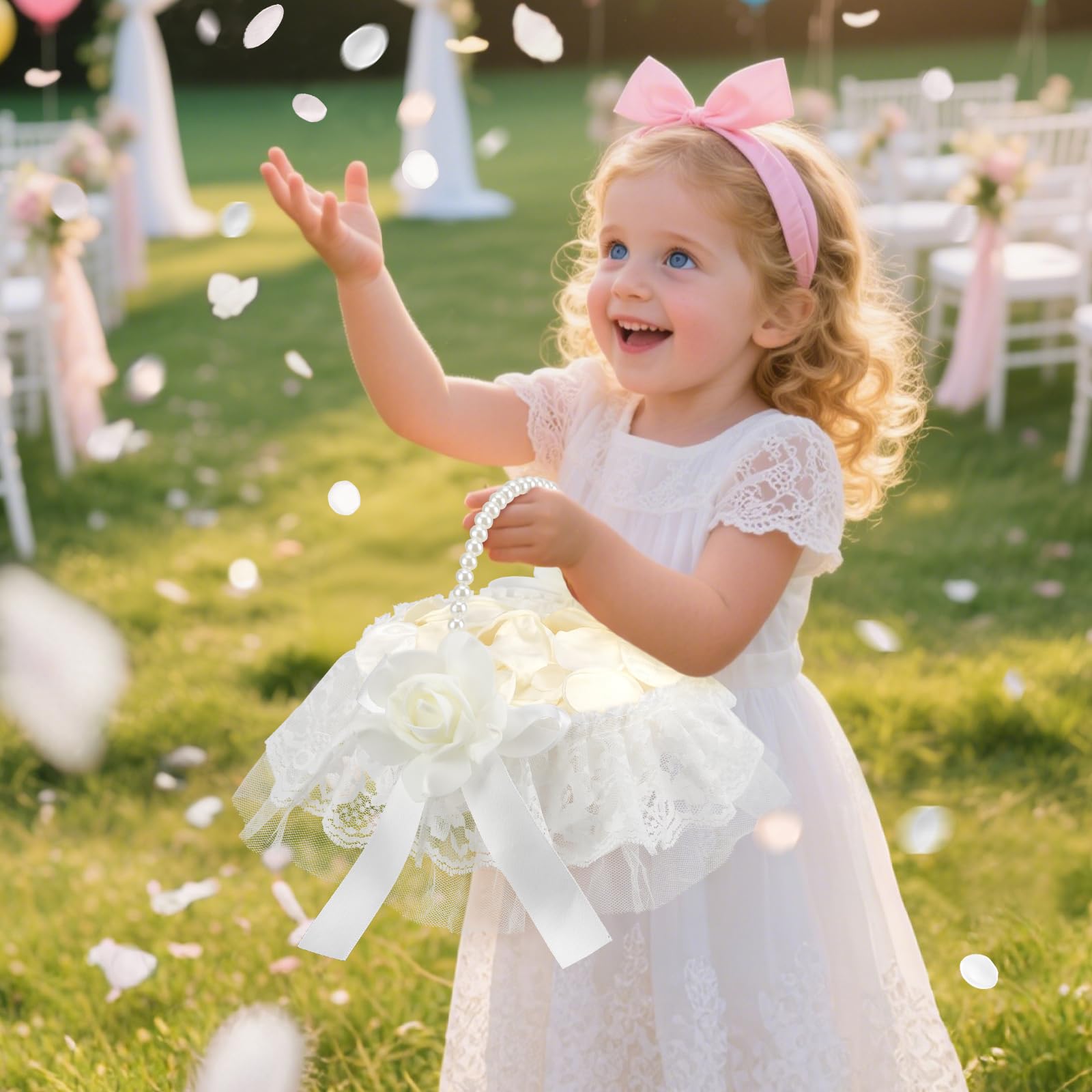 Hochzeitskorb für Blumenmädchen, 2er-Set, Spitzen-Perlen-Hochzeitskorb – mit 400 künstlichen Seidenblüten für romantische Nacht, Brautparty, Dekoration (Blume)
