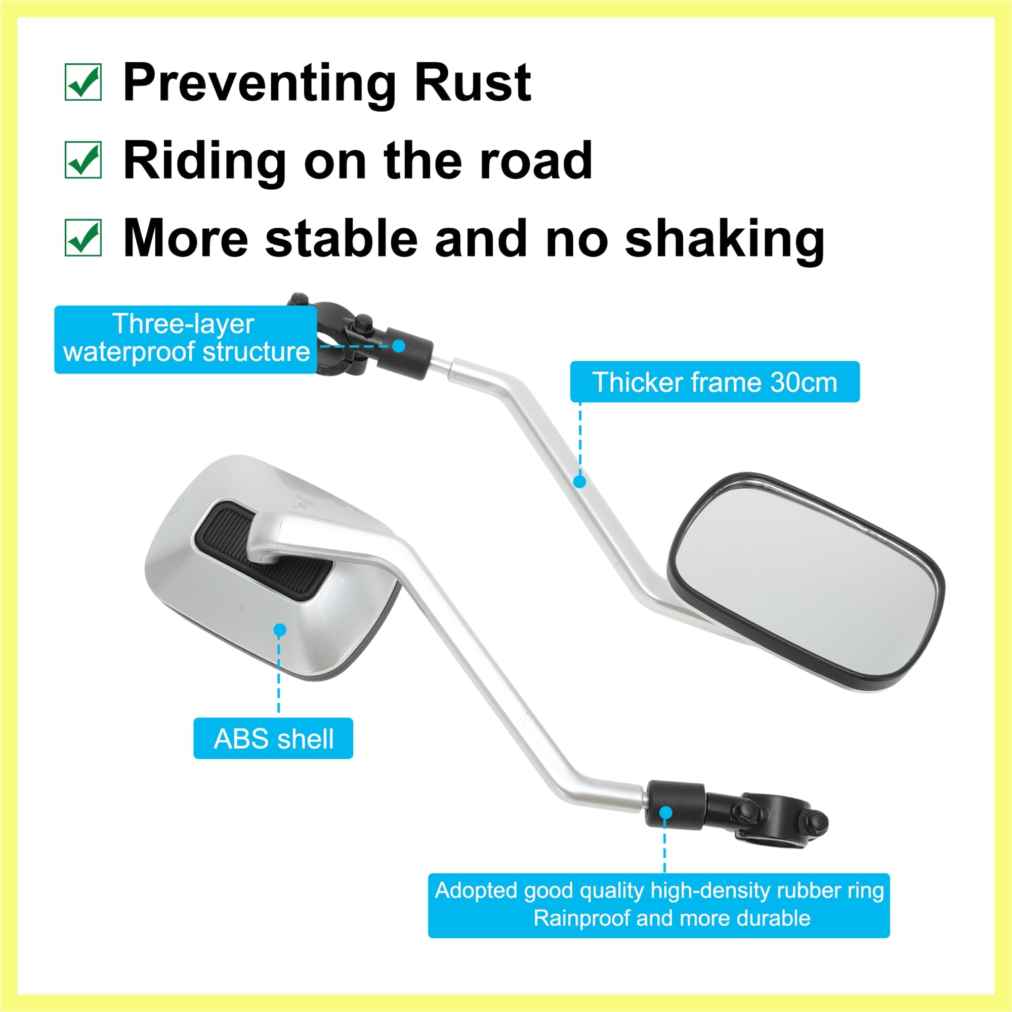 QUARKZMAN Rétroviseur De Vélo 360° Ajustable Vue Arrière Carré Pour Guidons 22-32mm VTT Ton Glacier Argenté 1 Paire Avec Base