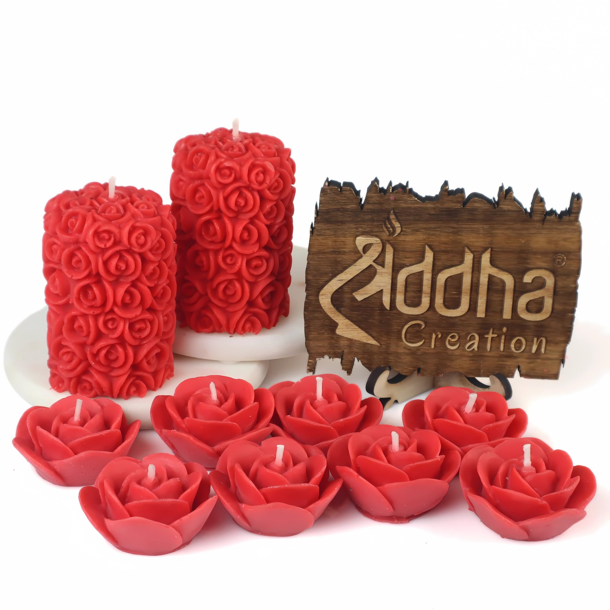 Scented Candles For Home Decor, Rose Fragrance, Pillar Shape And Floating Combo, Red Color, Pack Of 10, 4 X 7 Centimeters - Wax