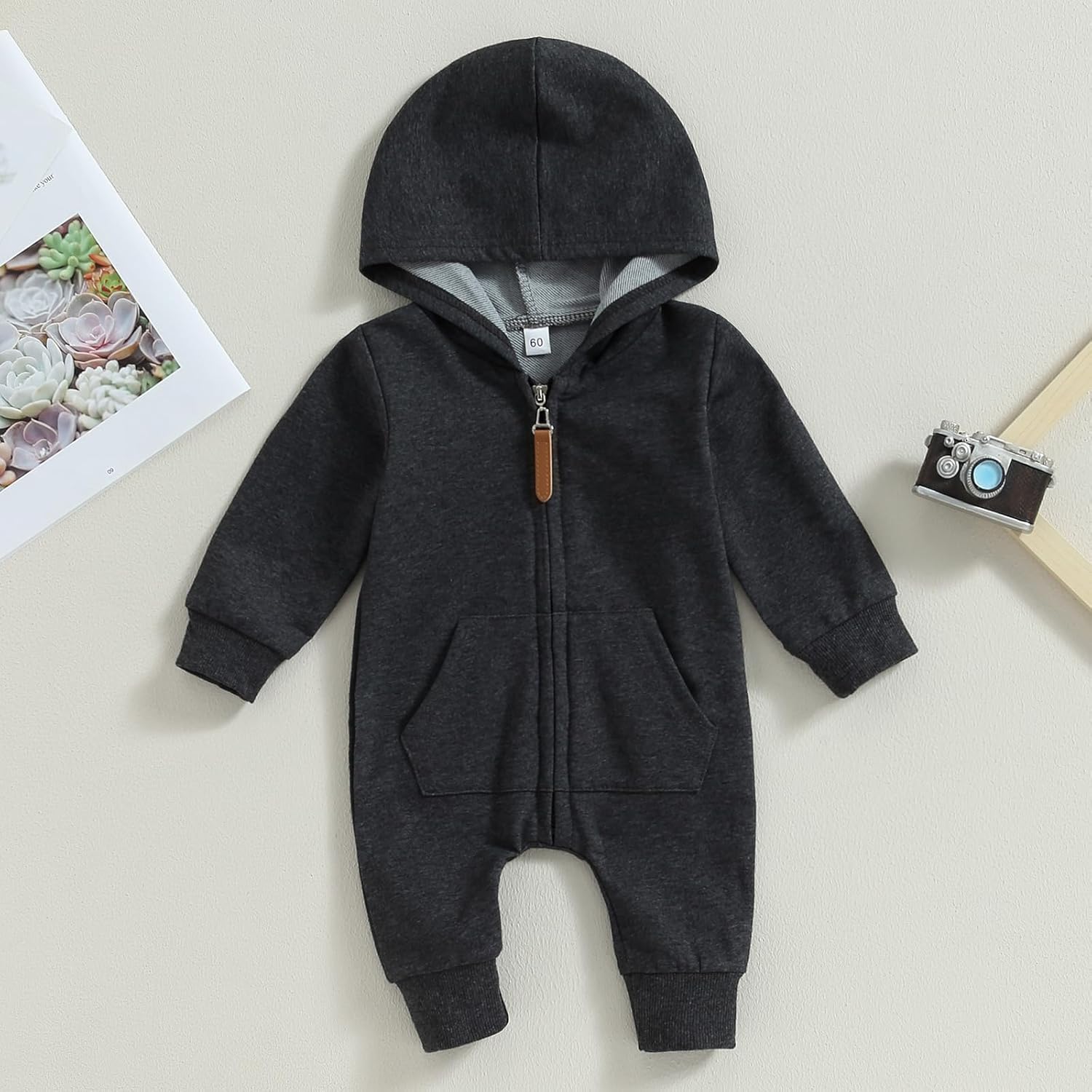 allshope Newborn Baby Boy Girl Fall Outfit Romper Long Sleeve Hooded Solid Zipper Jumpsuit Bodysuit Infant Clothes - Image 2