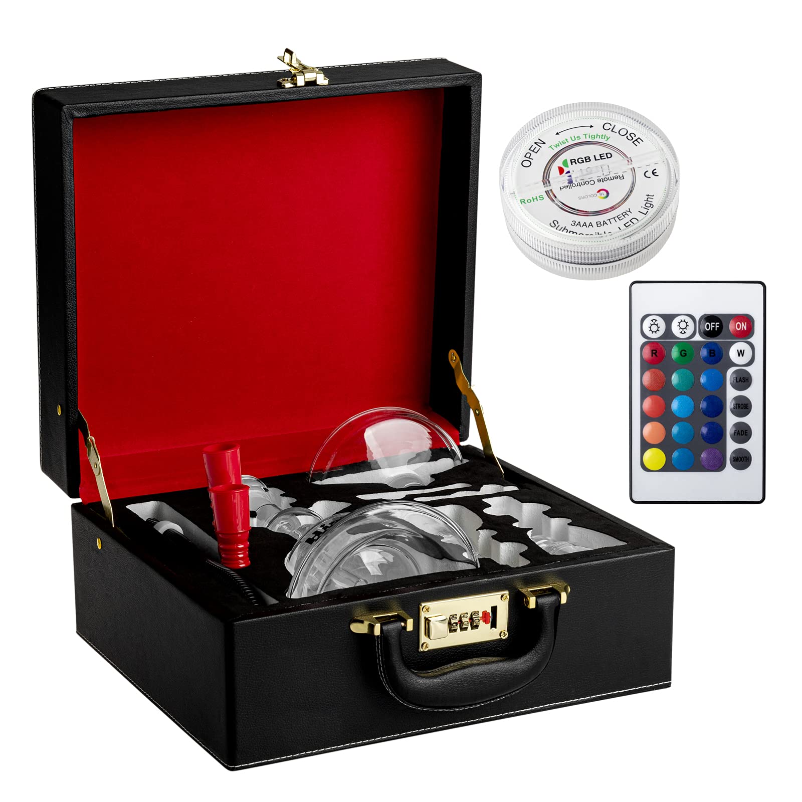 HIBRON Cachimba Buena Profesional 33cm Premium Kit Completo de Cristal Transparente, con 1 Manguera, Luz LED, Mando a distancia y Maletín.