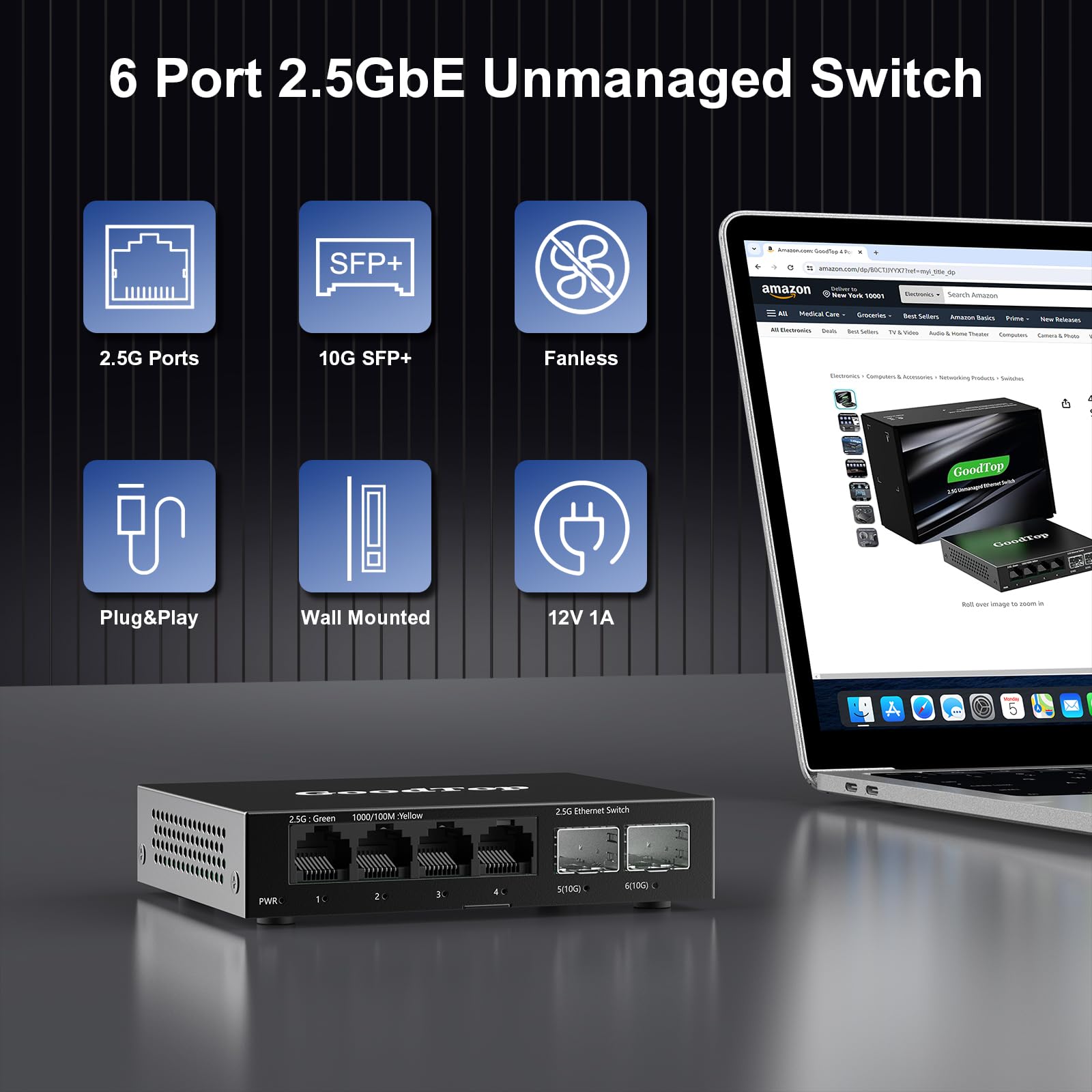 GoodTop 4 Port 2.5Gb Unmanaged Ethernet Switch with 2 x 10G SFP+,4 x 2.5G Base-T Port Compatible with 10/100/1000Mbps,60Gbps Switching Capacity,Metal Fanless Multi-Gigabit Homelab Setup Network Switch