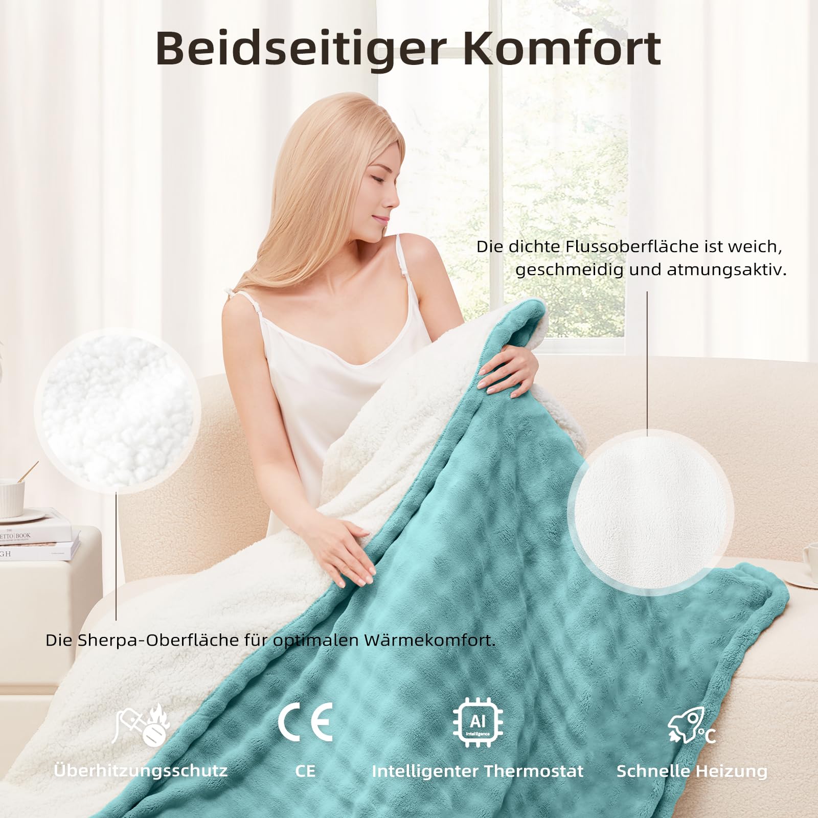 Heizdecke 130x180 cm, Heizdecke mit Abschaltautomatik, Wärmedecke mit 9 Heizstufen und 10 Stunden Timer, Speicherfunktion Überhitzungsschutz Elektrische Kuscheldecke für Bett, Büro (Blau)