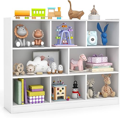 KOTEK Organizador de almacenamiento de juguetes, estantería infantil de 8 cubos, estantería de madera de 4 niveles, estante abierto para guardería,