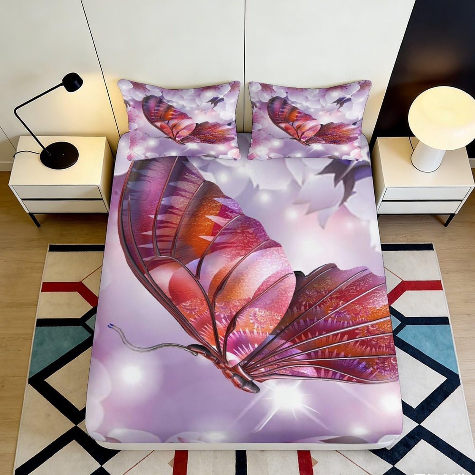 3D Printed Purple Butterfly Fitted Sheet Microfiber Soft Non-Slip Mattress Cover Bedroom Decor, Washable Artistic Bed Sheet for Home Guestroom 90x200x25cm